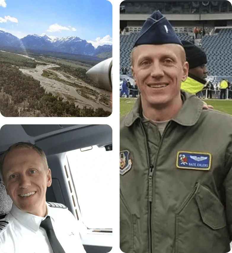 Collage of three images: top-left shows airplane wing flying over river and forest with mountains in the background; bottom-left shows a smiling pilot in uniform seated in cockpit; right shows a smiling man in military flight suit and blue cap standing in a stadium.