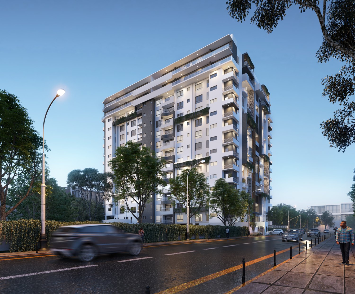 Modern multi-story residential building with balconies along a tree-lined street at dusk.