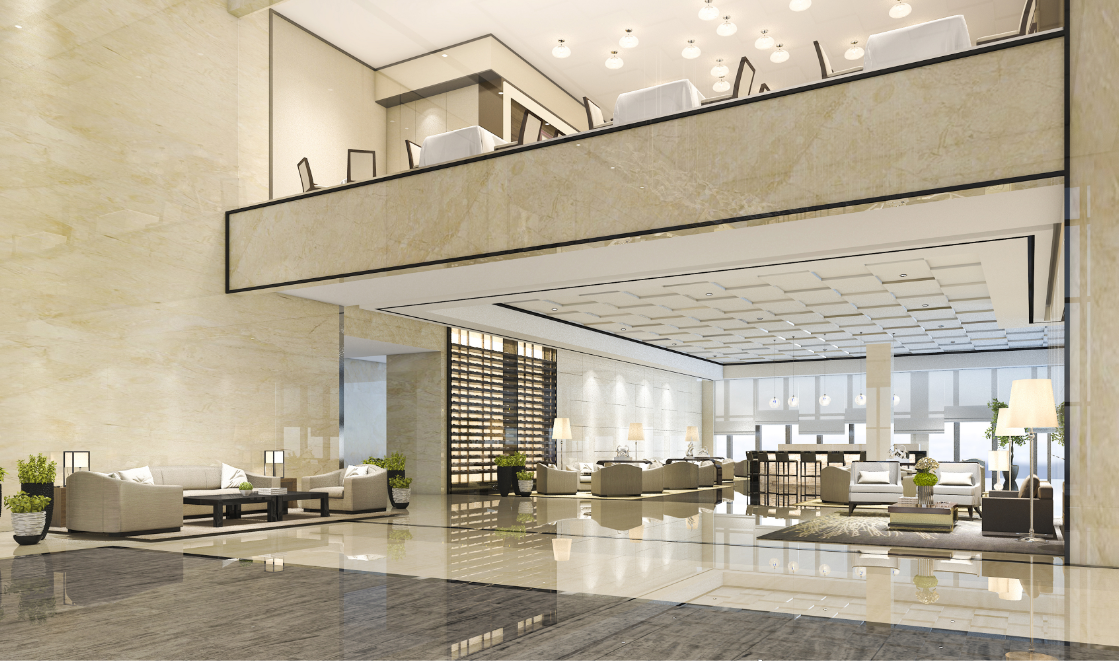 Spacious modern hotel lobby with beige sofas, coffee tables, floor lamps, and a mezzanine dining area above.