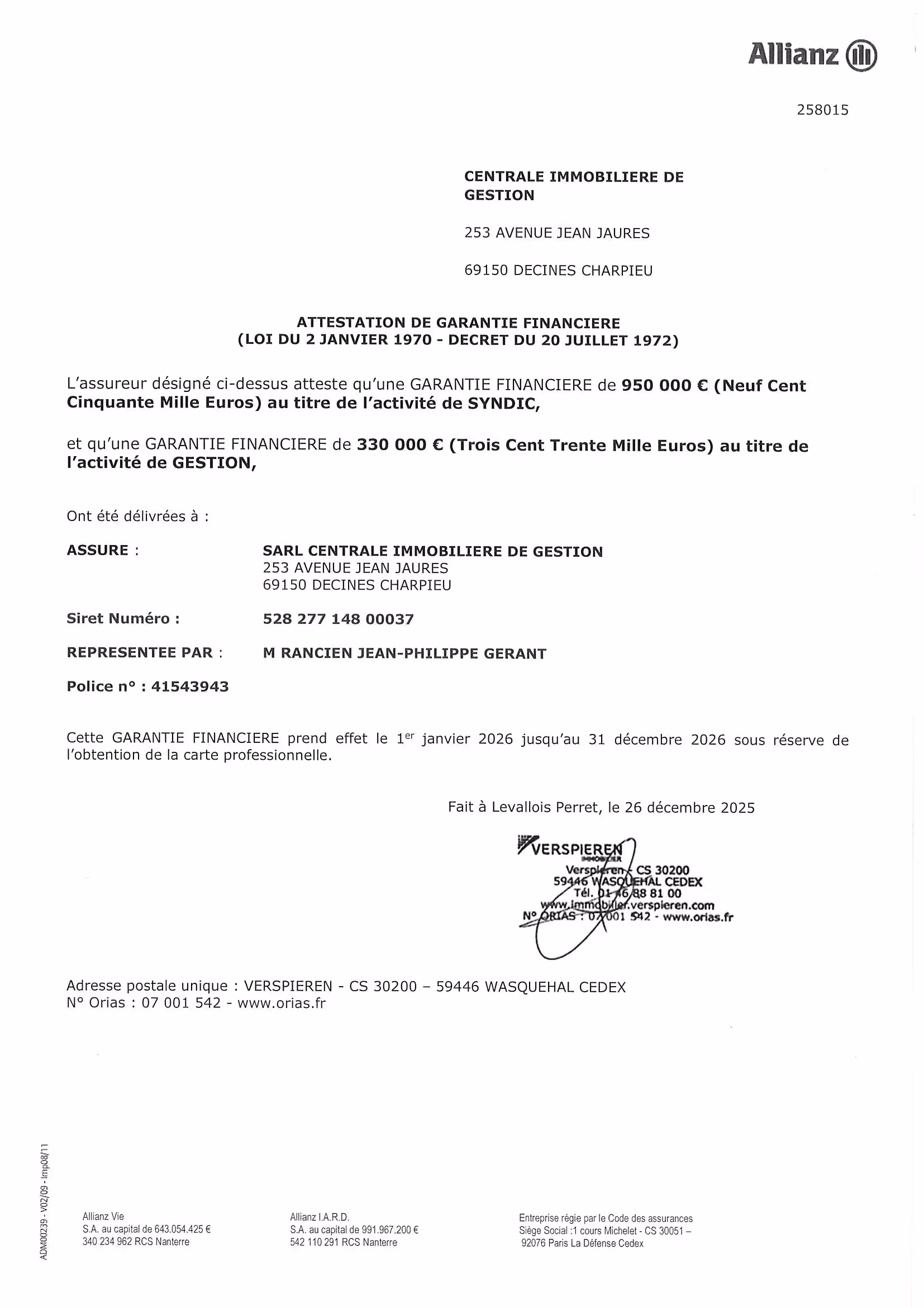 Attestation de garantie financière 1