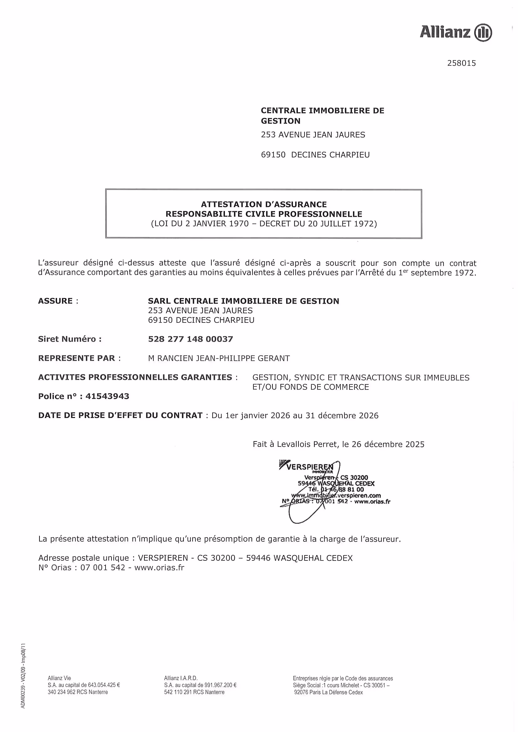 Attestation d’assurance responsabilité civile professionnelle