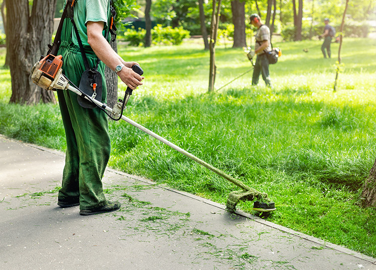 Mitarbeiter bei der Grünpflege mit Freischneider – Randstreifen und Wegekanten schneiden