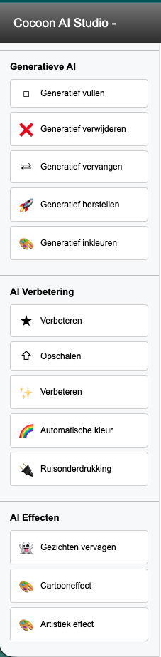 Generatieve AI en beeldverbeteringsfuncties in Cocoon Studio.