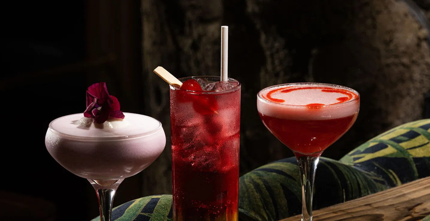 Pink sour, red highball and deep red coupe cocktails at Mama Yo's bar, Camden Street Dublin