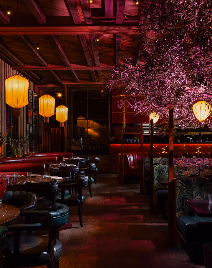 The dining room at Mama Yo with lanterns and blossom