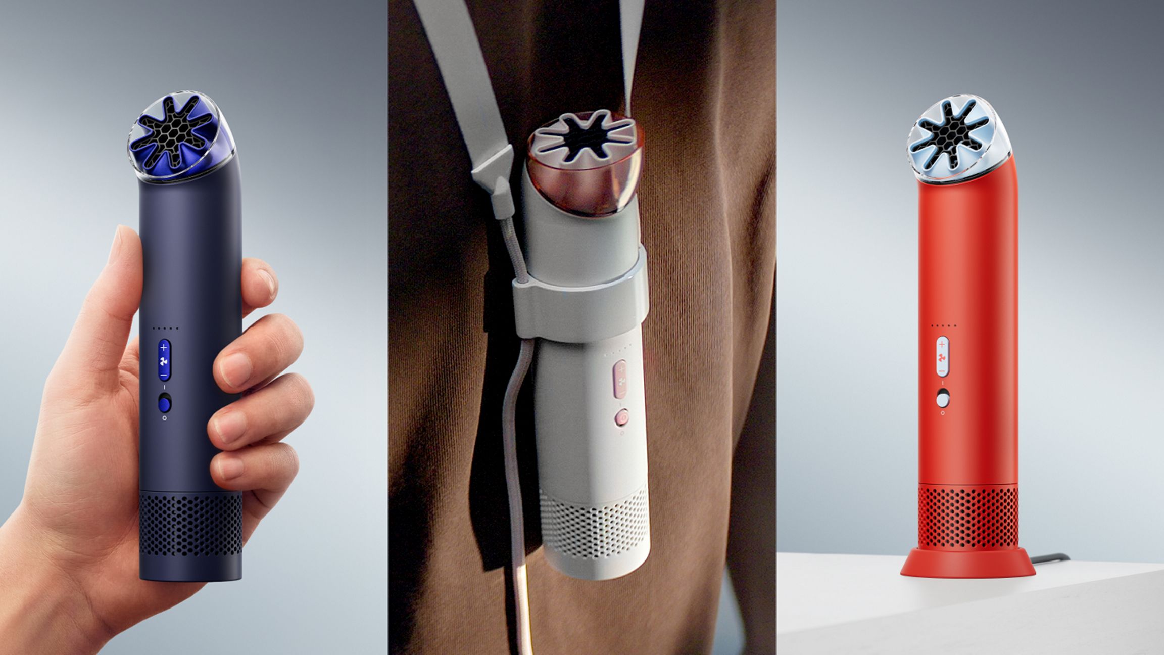 Dyson HushJet Mini Cool shown handheld, worn with lanyard and standing on its included charging stand in three colour finishes