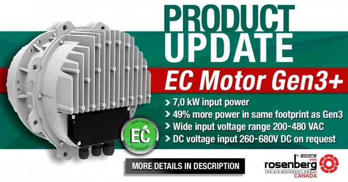 Rosenberg recently introduced their new “Gen 3+” EC Motor for Canada. The product has been described as the “Most Powerful EC motor available in this size range”.