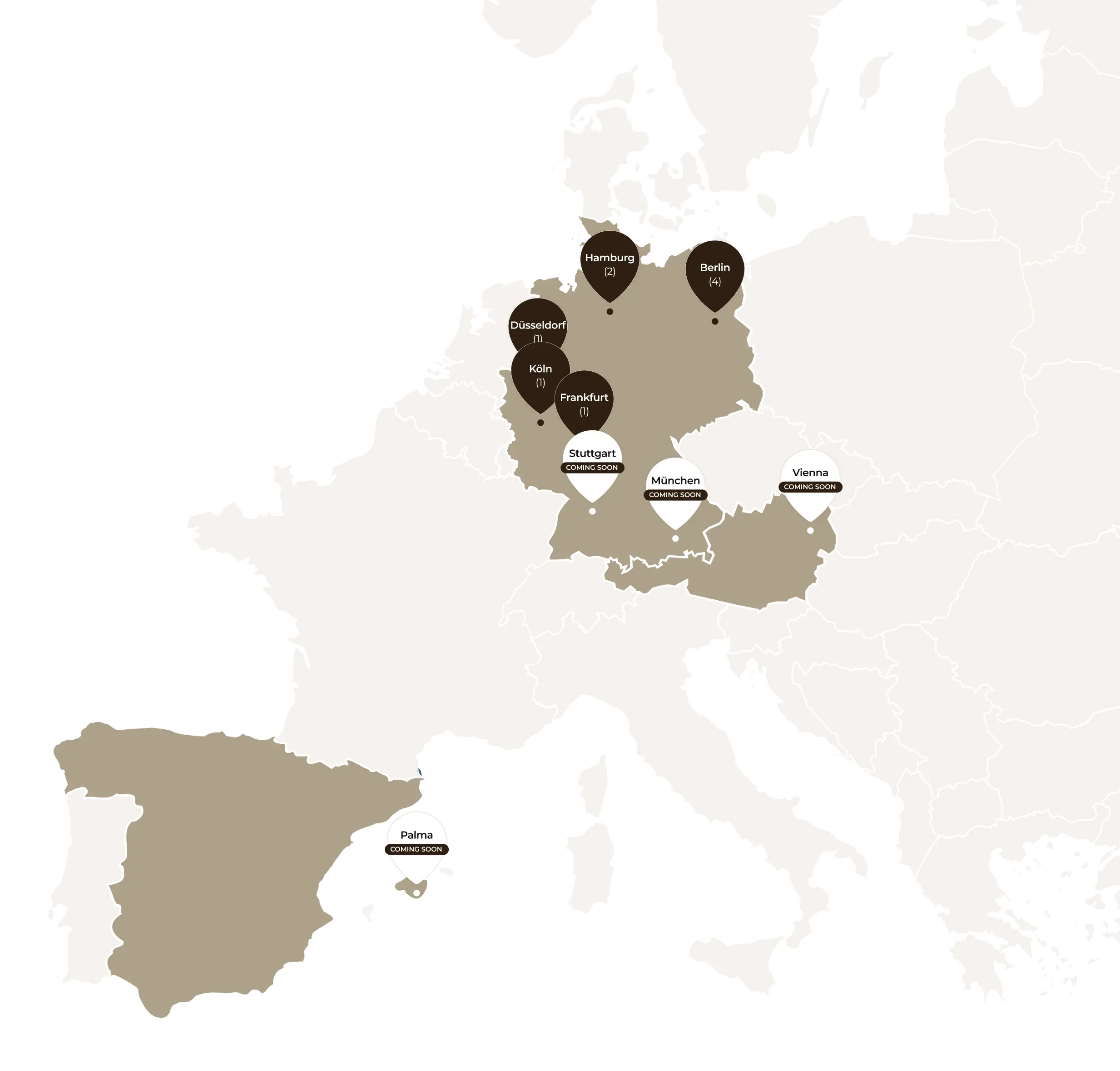 Karte von Westeuropa mit markierten Soulhouse-Standorten: Hamburg, Berlin, Düsseldorf, Köln, Frankfurt mit je 5 Standorten sowie kommende Standorte in Kopenhagen, Paris, Madrid, Wien und Rom.