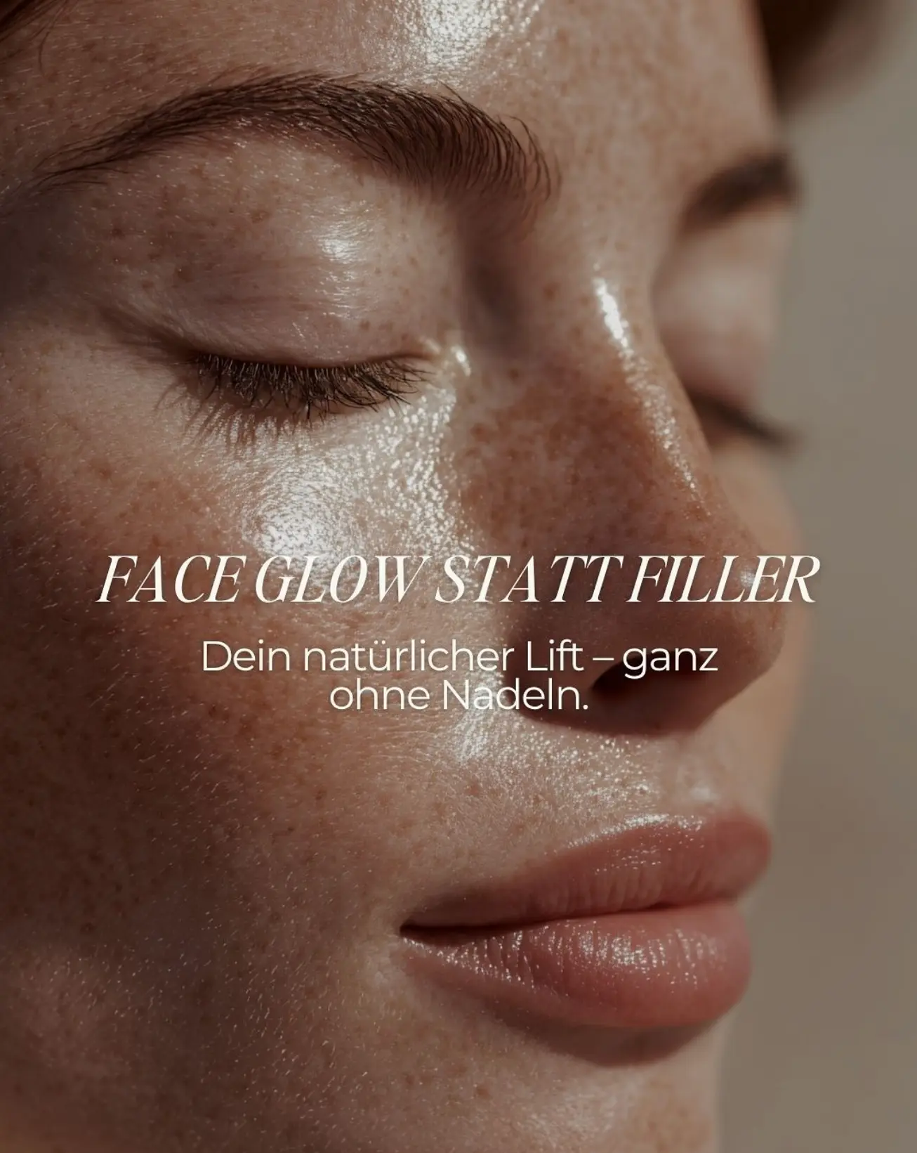 Nahaufnahme eines frischen, feinen Gesichtes nach einer Lymphatic Face Glow Behandlung. Face Glow statt Filler, Dein natürlicher Lift – ganz ohne Nadeln.