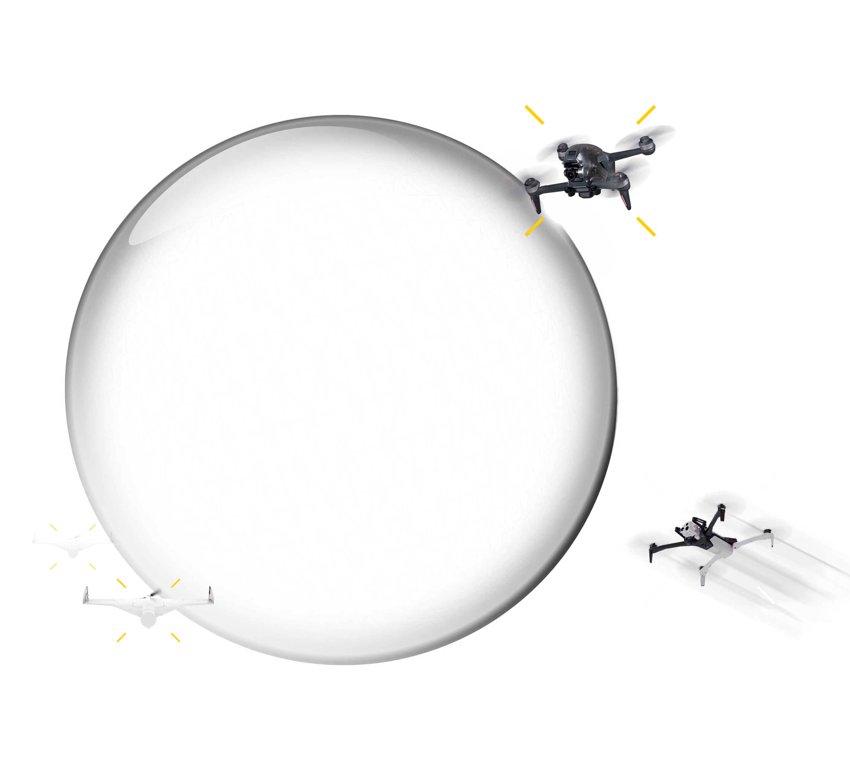Three drones flying around a glossy black circular network globe with connected nodes, featuring yellow motion lines.