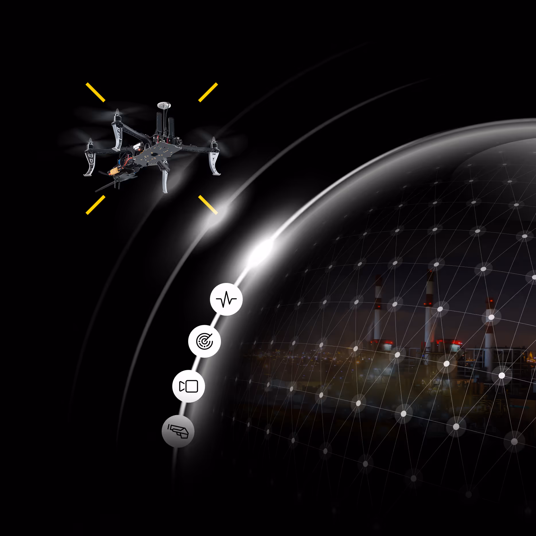 Drone flying near a digital dome network overlaying an industrial plant at night with technology icons along the dome edge.