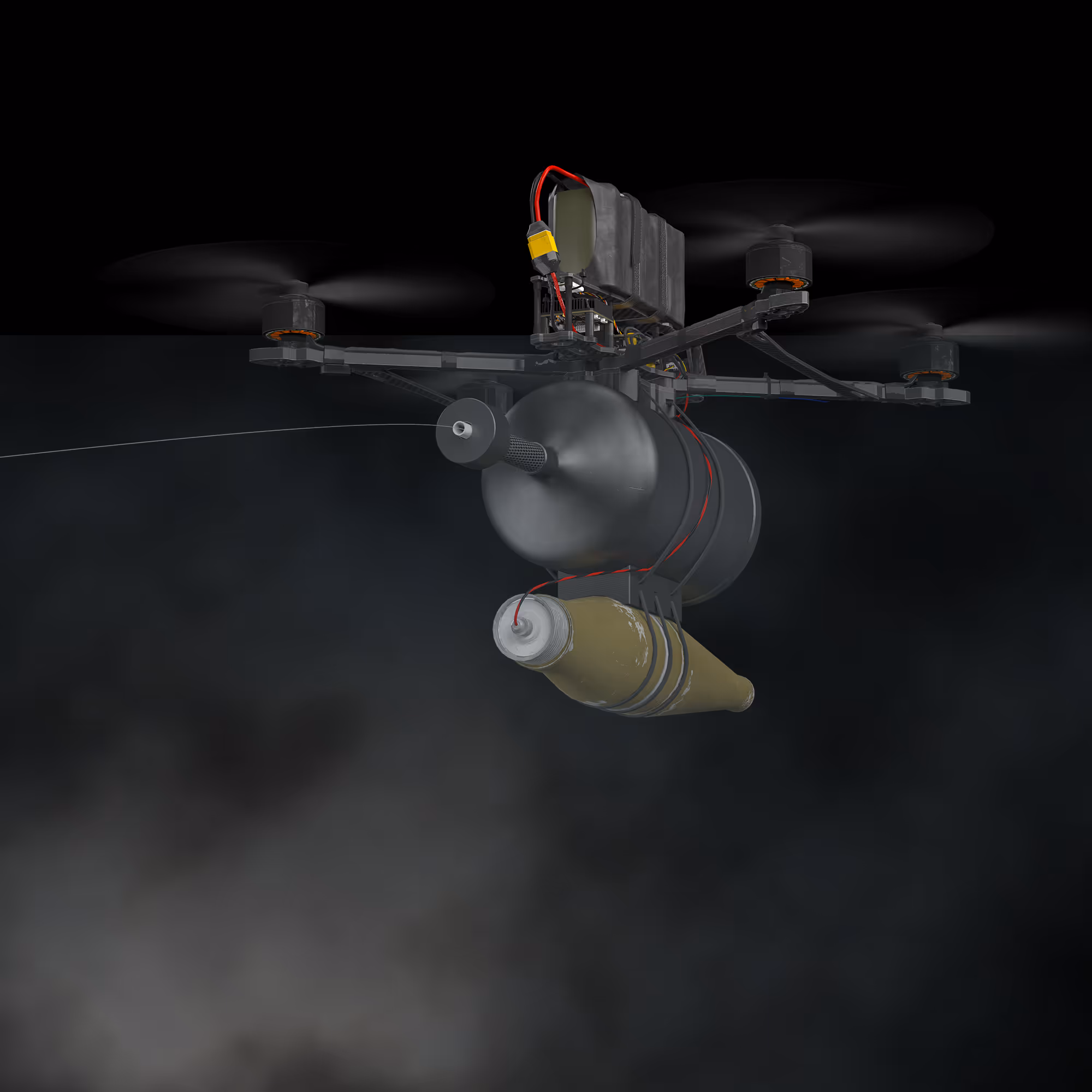 Black quadcopter drone flying in dark smoke with a cylindrical device and a projectile attached underneath.