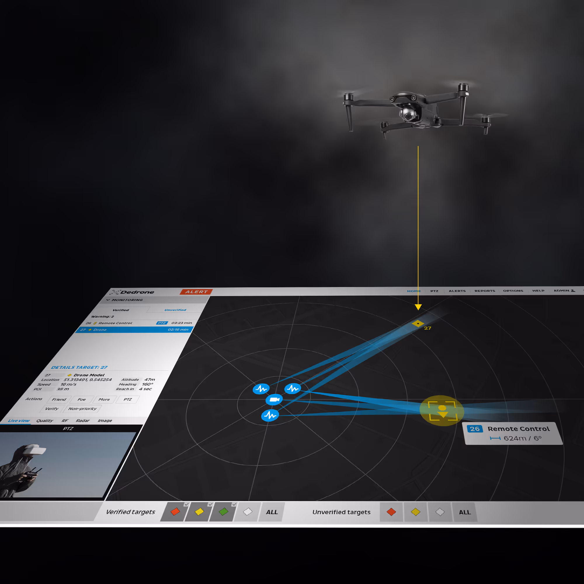 Drone flying above a radar interface displaying detected targets with tracking details and a remote control label.