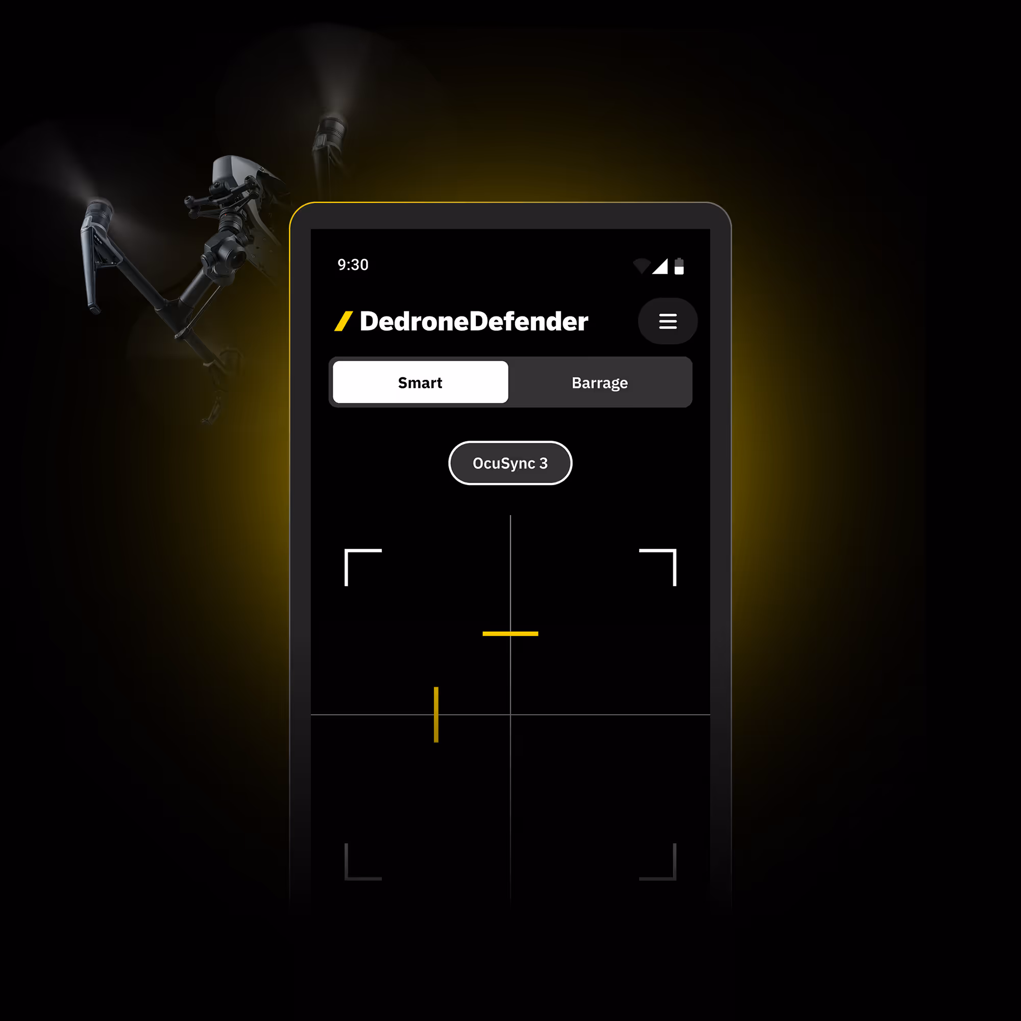 Digital interface of DedroneDefender app on a device screen with drone silhouette in the background.