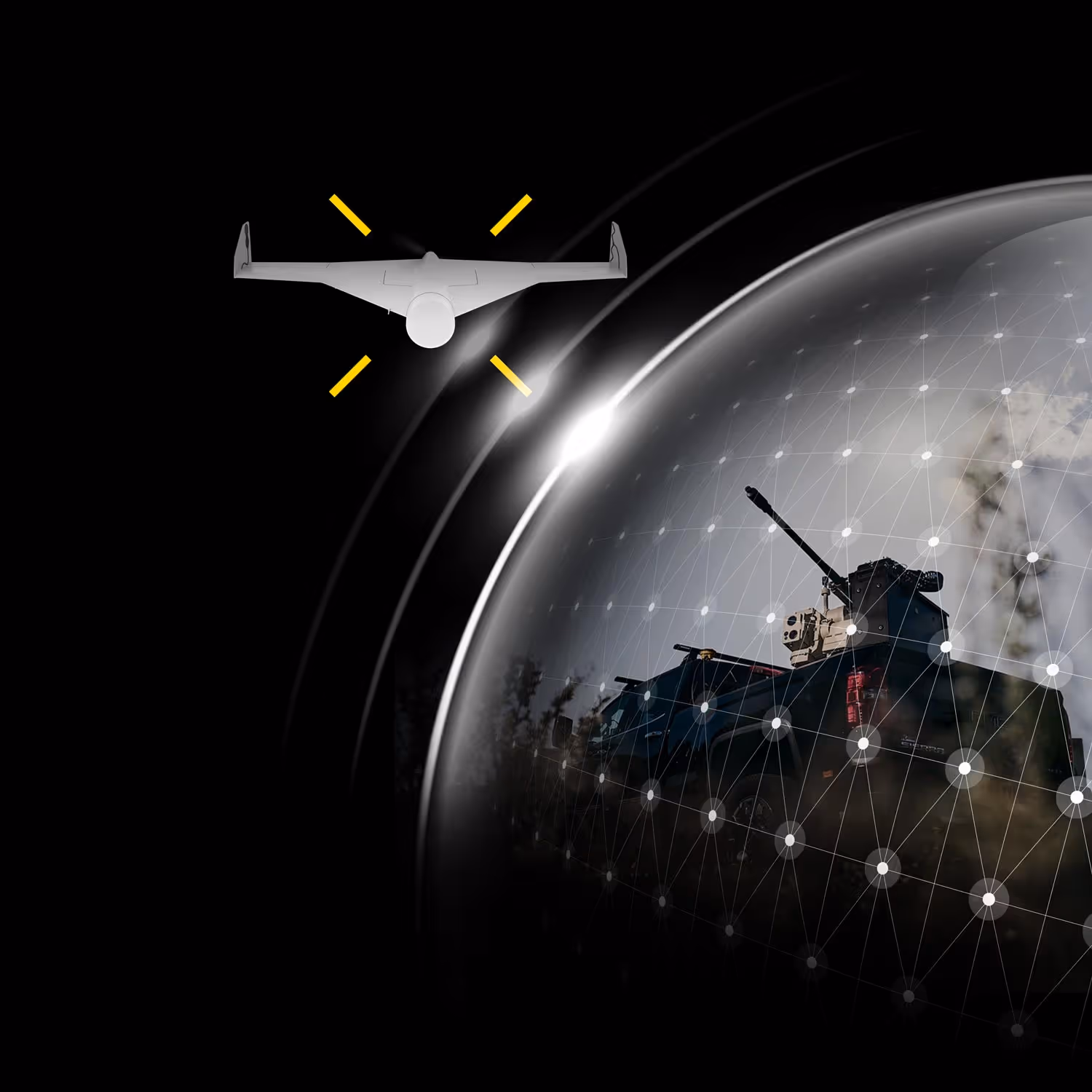 Drone detected by a targeting reticle flying near a military vehicle protected by a digital spherical shield with interconnected nodes.