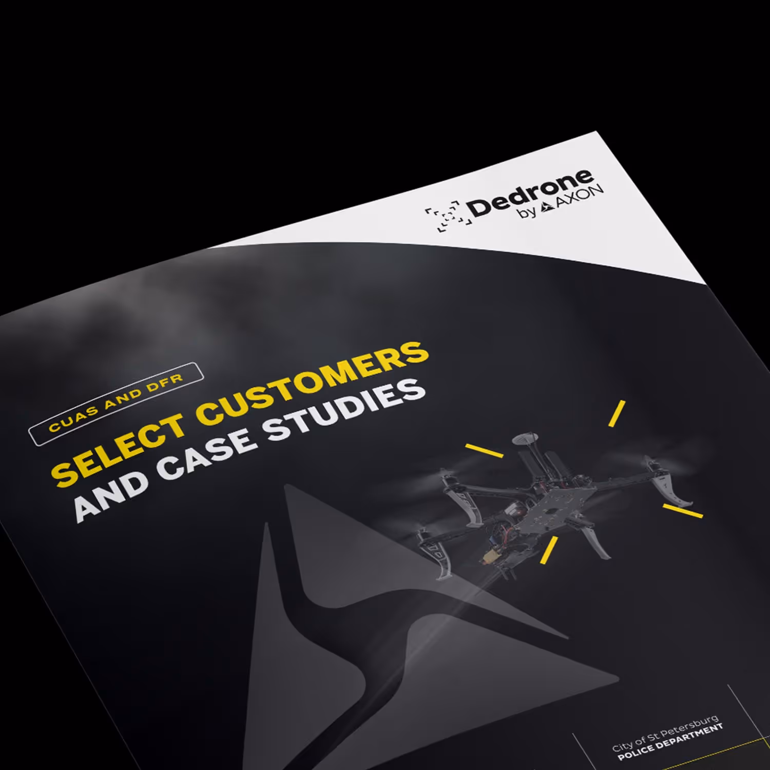 Cover of a Dedrone by AXON document titled 'Select Customers and Case Studies' with an image of a drone and City of St. Petersburg Police Department mentioned.