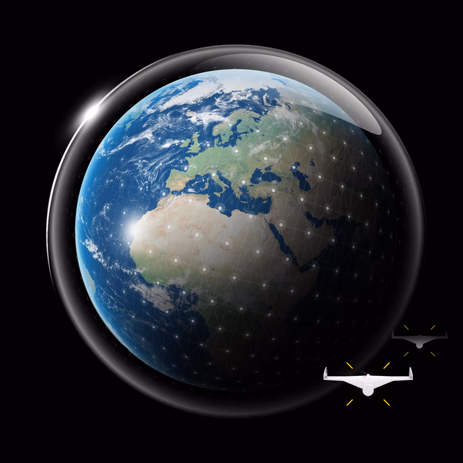 Earth seen through a transparent dome with a network of connected white dots, showing Europe, Africa, and the Middle East, alongside a small white drone icon.