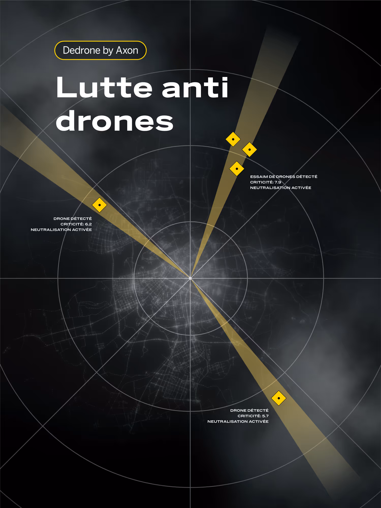 Two soldiers in tactical gear aiming rifles behind a protective digital shield as three drones fly in dark smoky sky.