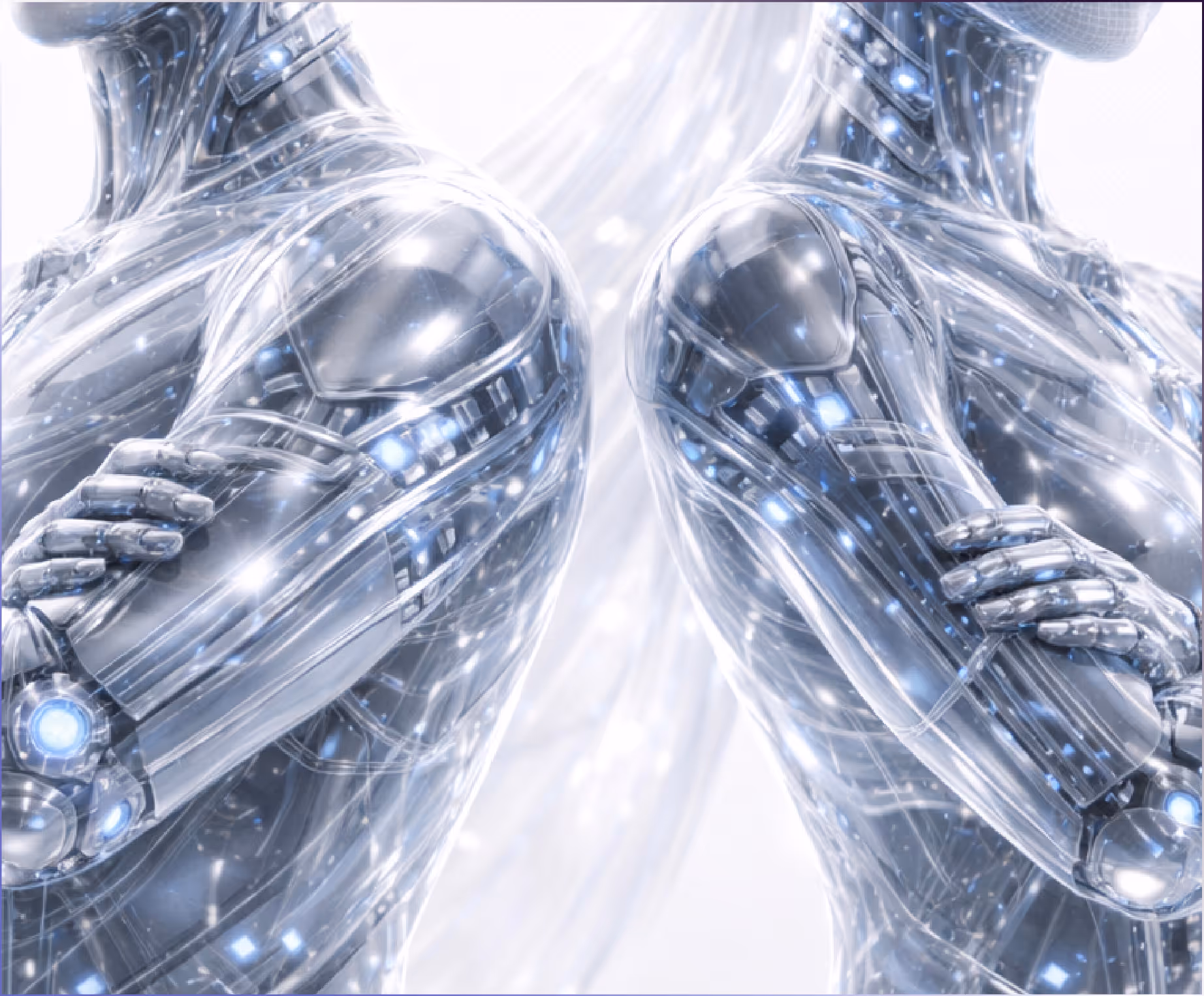 Two futuristic robots with transparent bodies and glowing blue lights standing back to back with arms crossed.