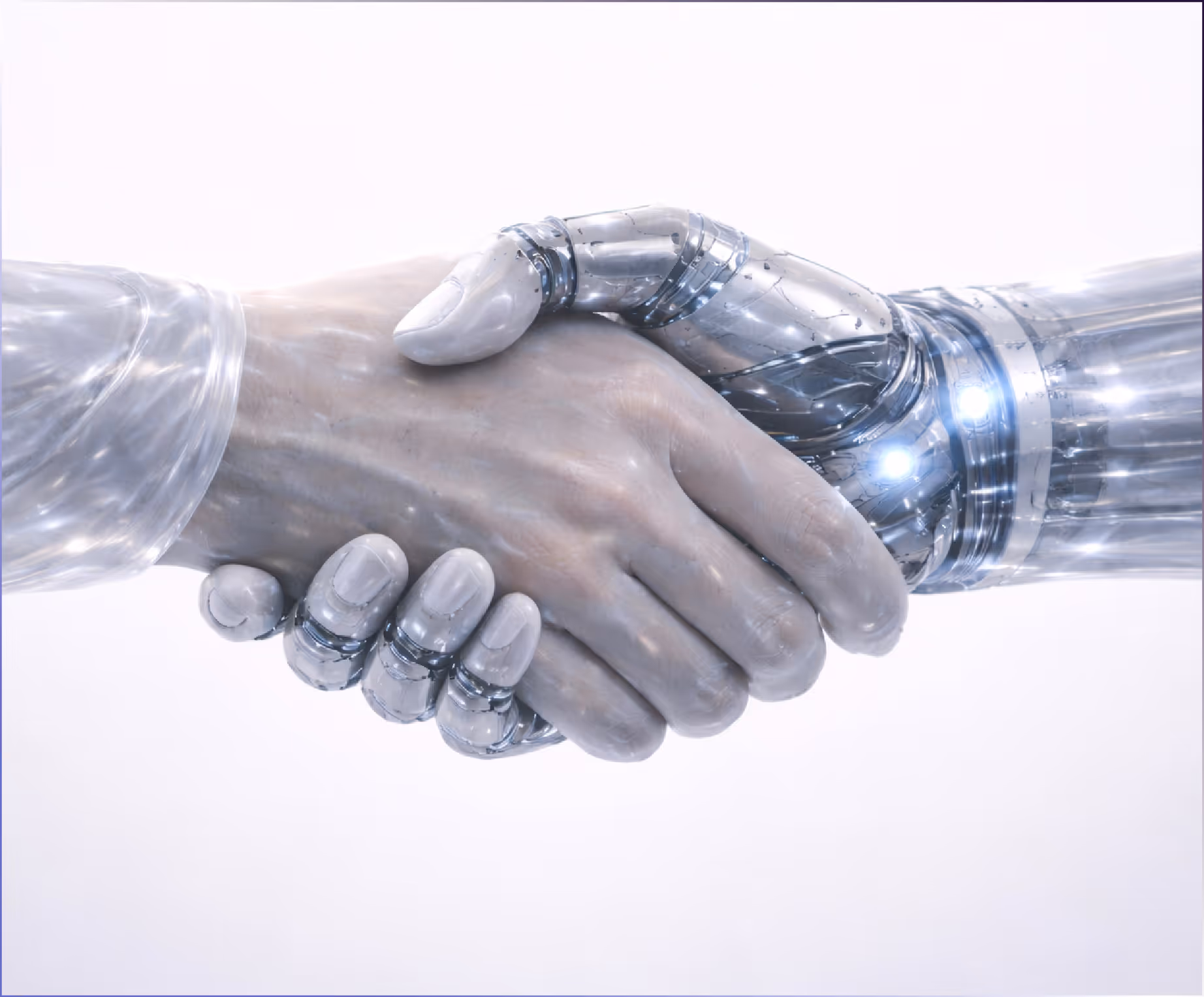 Close-up of a handshake between a human hand and a robotic hand with a futuristic design.
