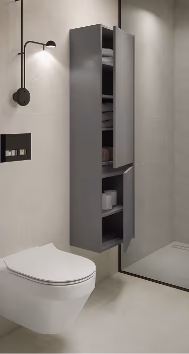 Modern bathroom corner with wall-mounted toilet, gray tall cabinet with open doors, and black wall lamp.