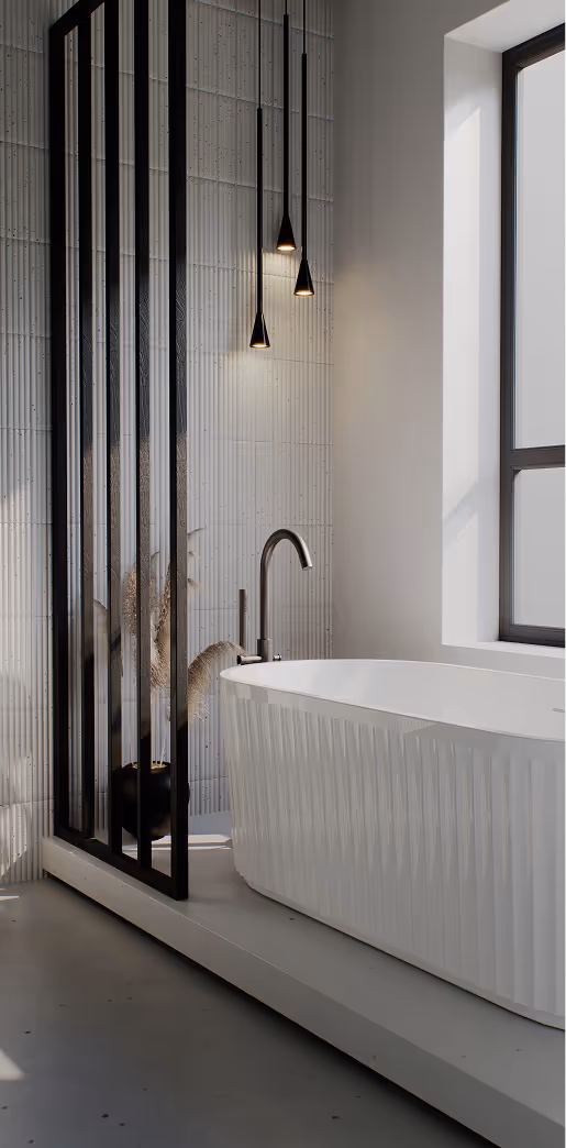 Modern bathroom with a white freestanding bathtub, black faucet, vertical black metal divider, and three hanging pendant lights next to a window.