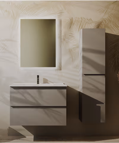 Modern bathroom vanity with a rectangular mirror and cabinet, featuring shadows of palm leaves on the wall.
