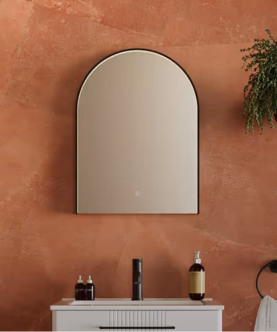 Arched wall mirror above a white sink cabinet with soap dispensers against a terracotta textured wall with a hanging plant on the right.