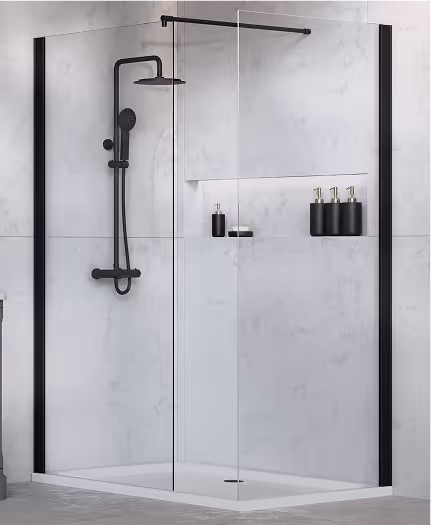 Modern minimalist shower enclosure with black matte fixtures, including rainfall and handheld showerheads, against white marble walls.