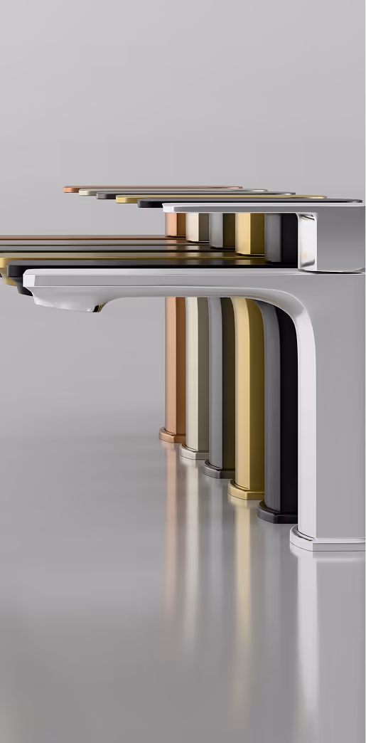 Row of sleek, modern bathroom faucets in various metallic finishes including white, gold, black, silver, and copper.