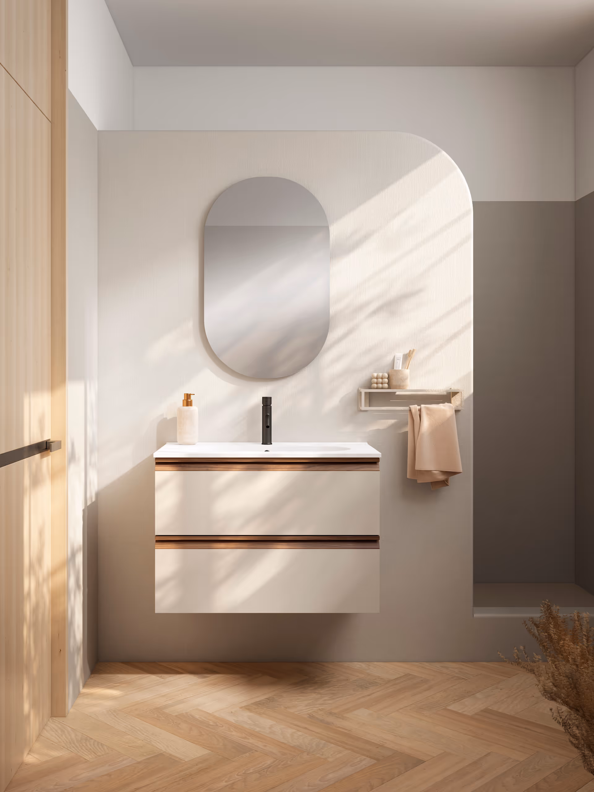 Minimalist bathroom vanity with a white sink, black faucet, oval mirror, and beige towel hanging on a wall-mounted rack.