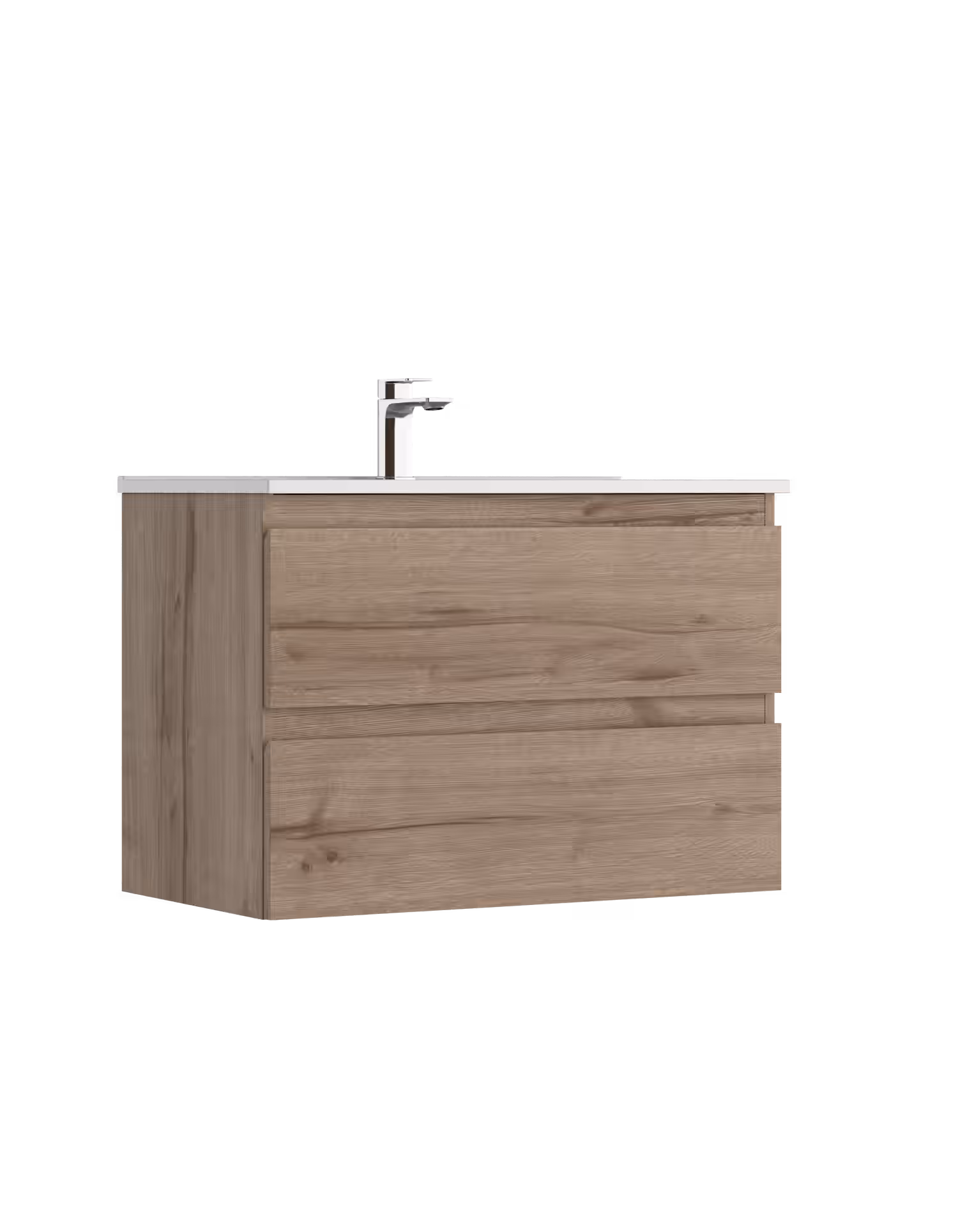 Modern wooden bathroom vanity with two drawers and a white countertop with a chrome faucet.