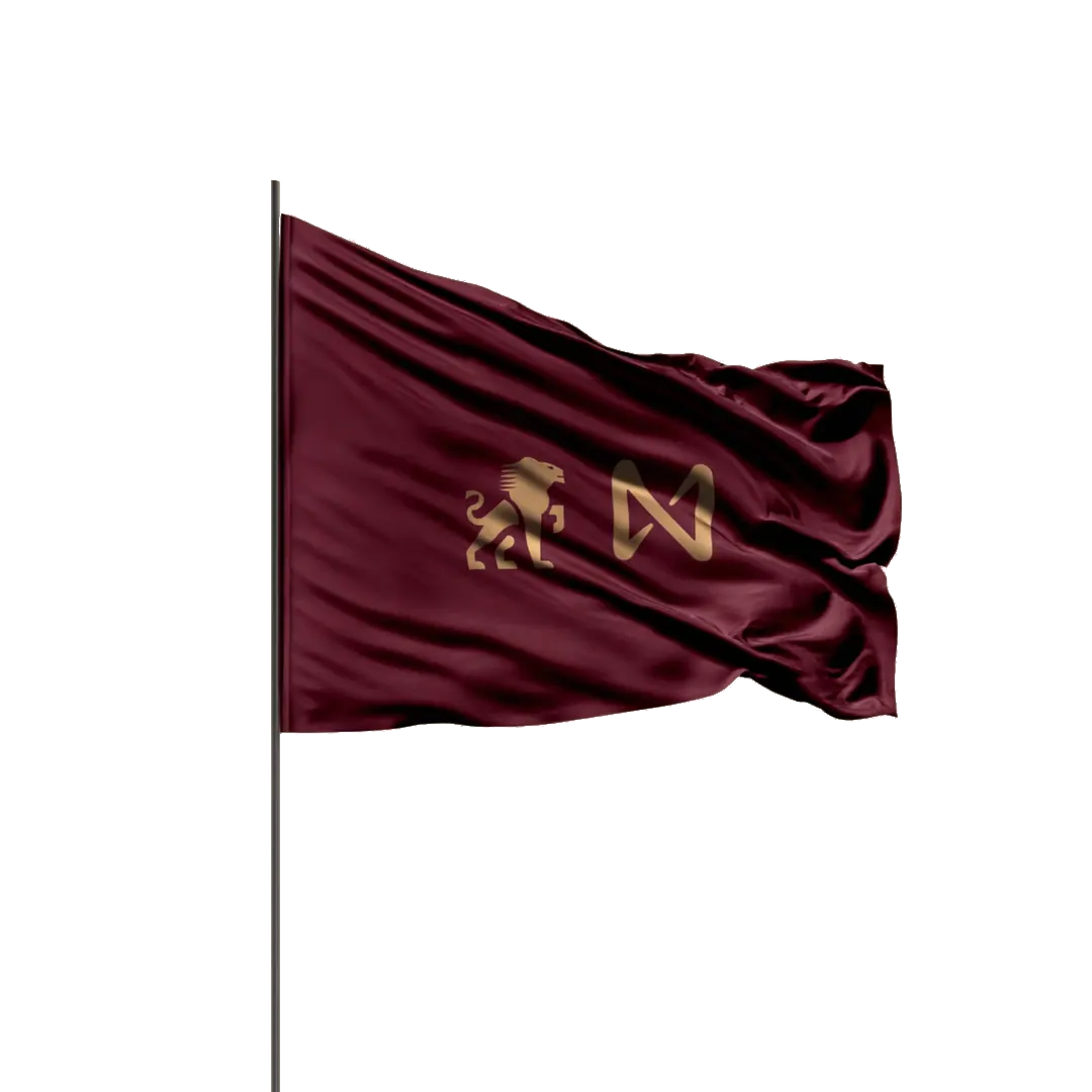 The SVRN flag, burgundy silk with the SVRN lion and NEAR marks in muted gold