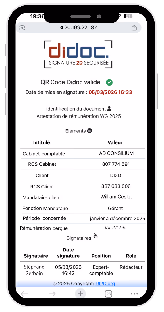 Interface de vérification d’un document signé avec Didoc via QR code sur mobile, affichant les informations de signature, la preuve légale et la validité du document