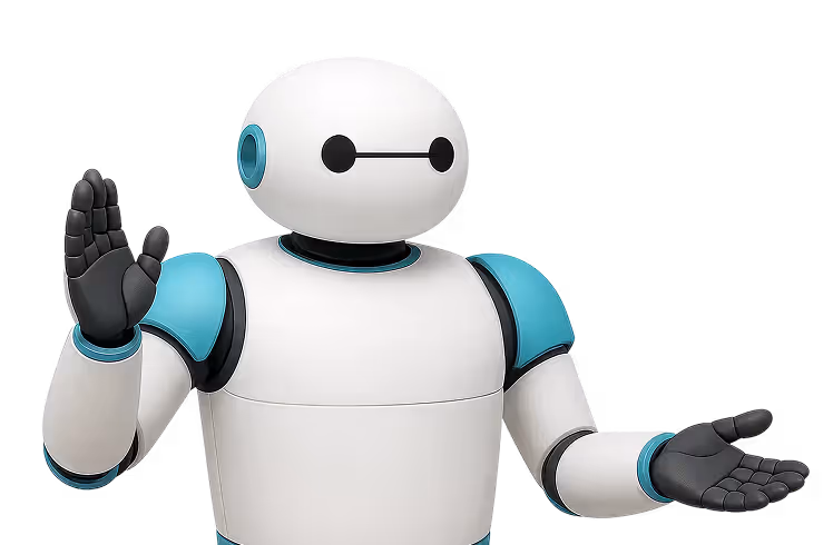 White and blue robot with black hands, facing forward with one hand raised and the other open.