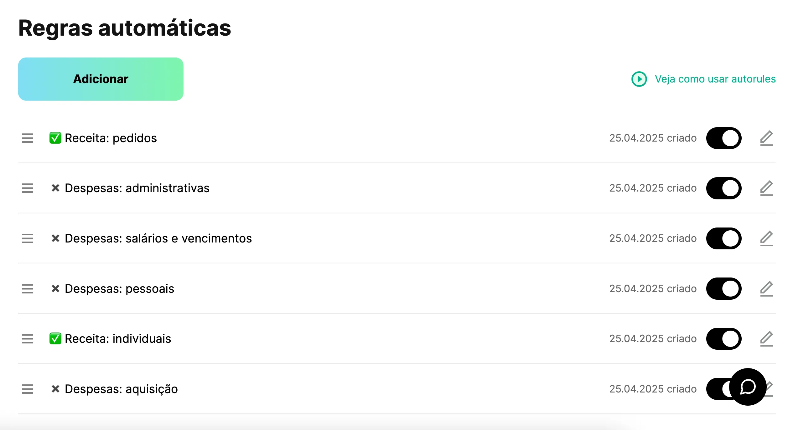 Regras automaticas Finmap