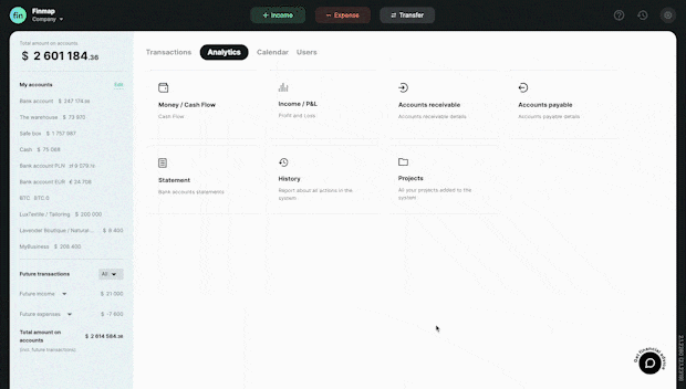  “Money (Cash Flow)” report in Finmap