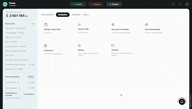 “P&L “ report in Finmap