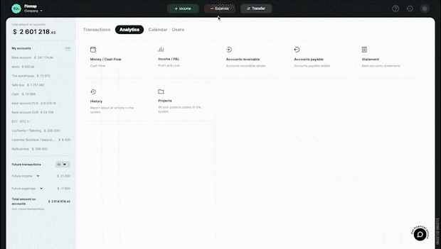Income, Expense and Transfer buttons in Finmap