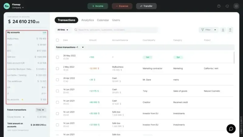Accounts panel in Finmap