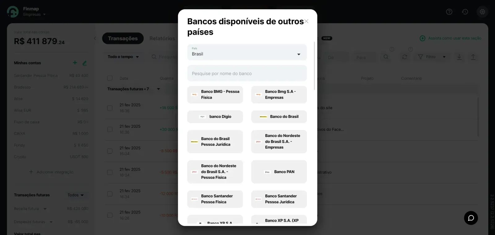 Opções de integração na Finmap
