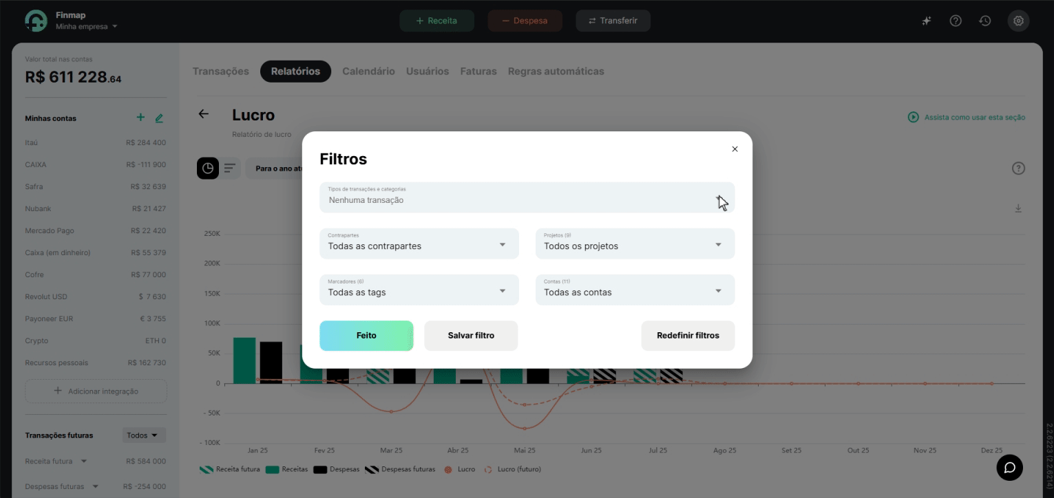 Custom report created using filters in Finmap