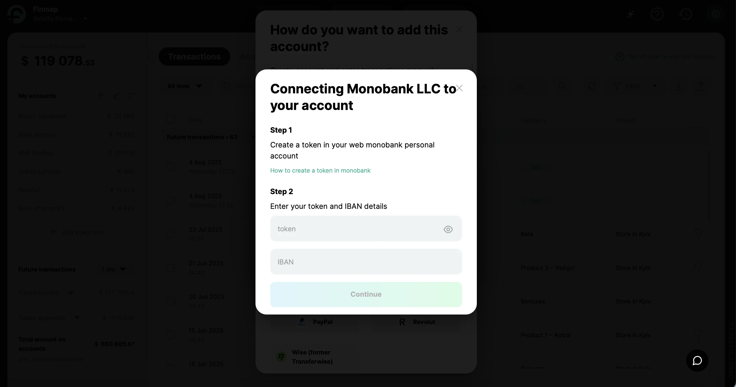 Enter the token and IBAN