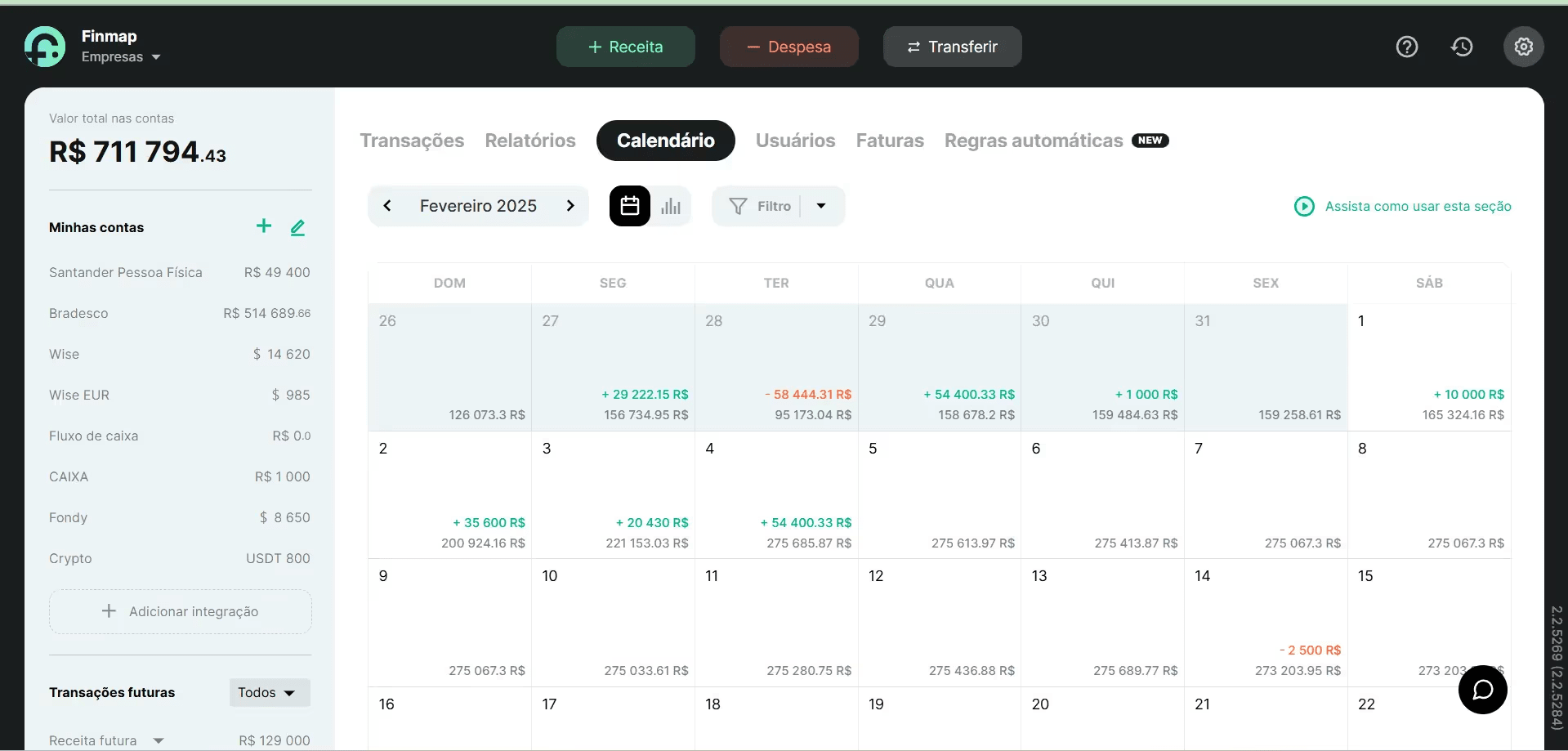 Calendário de pagamentos no Finmap