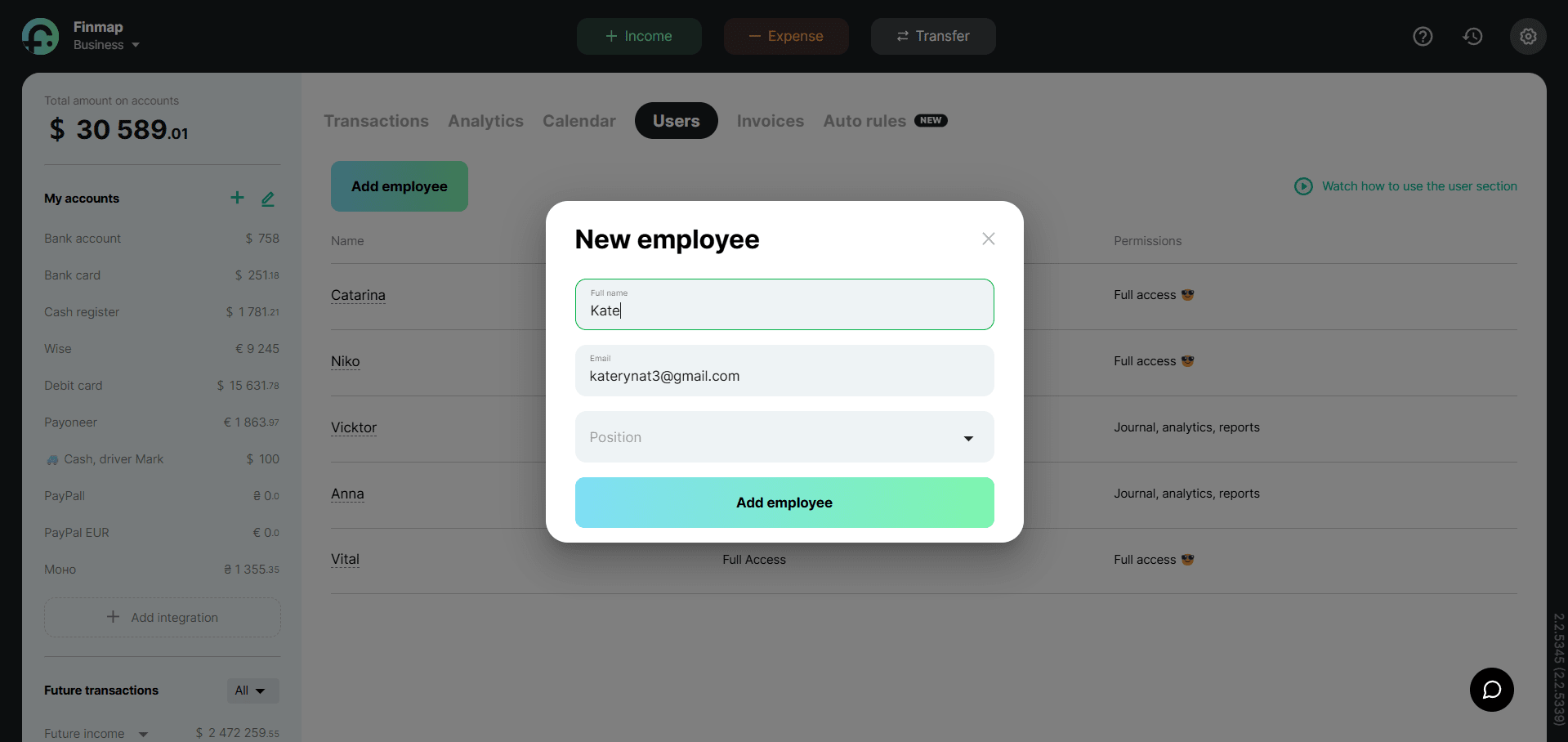 Users section in Finmap