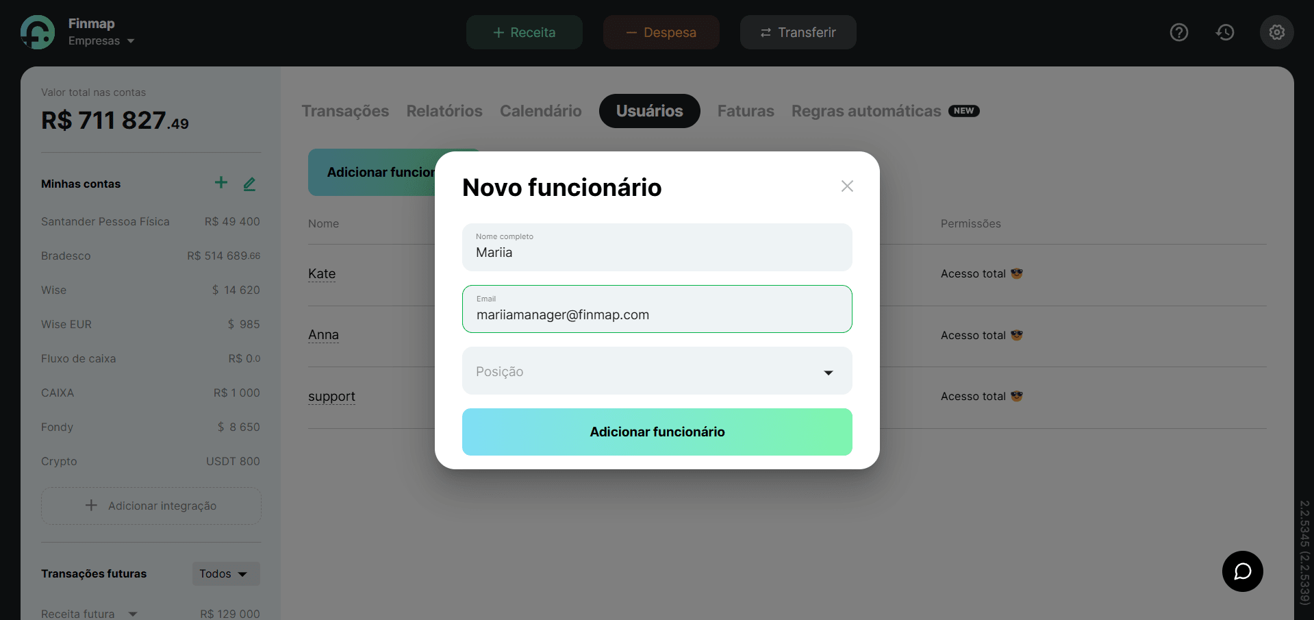Seção Usuários na Finmap