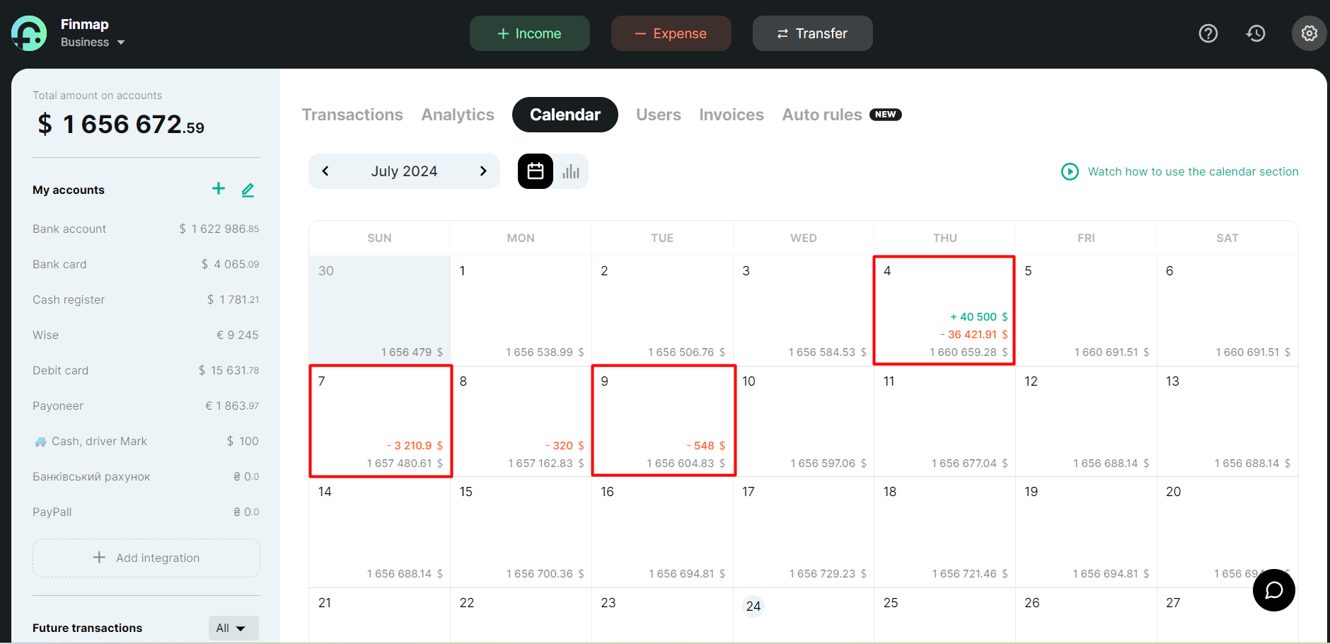Payment Calendar in Finmap