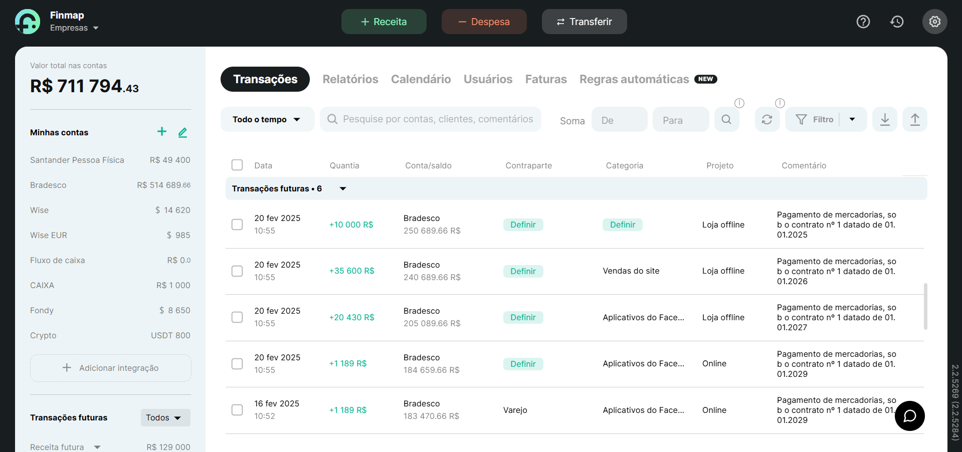 Um exemplo de uma empresa de teste na Finmap
