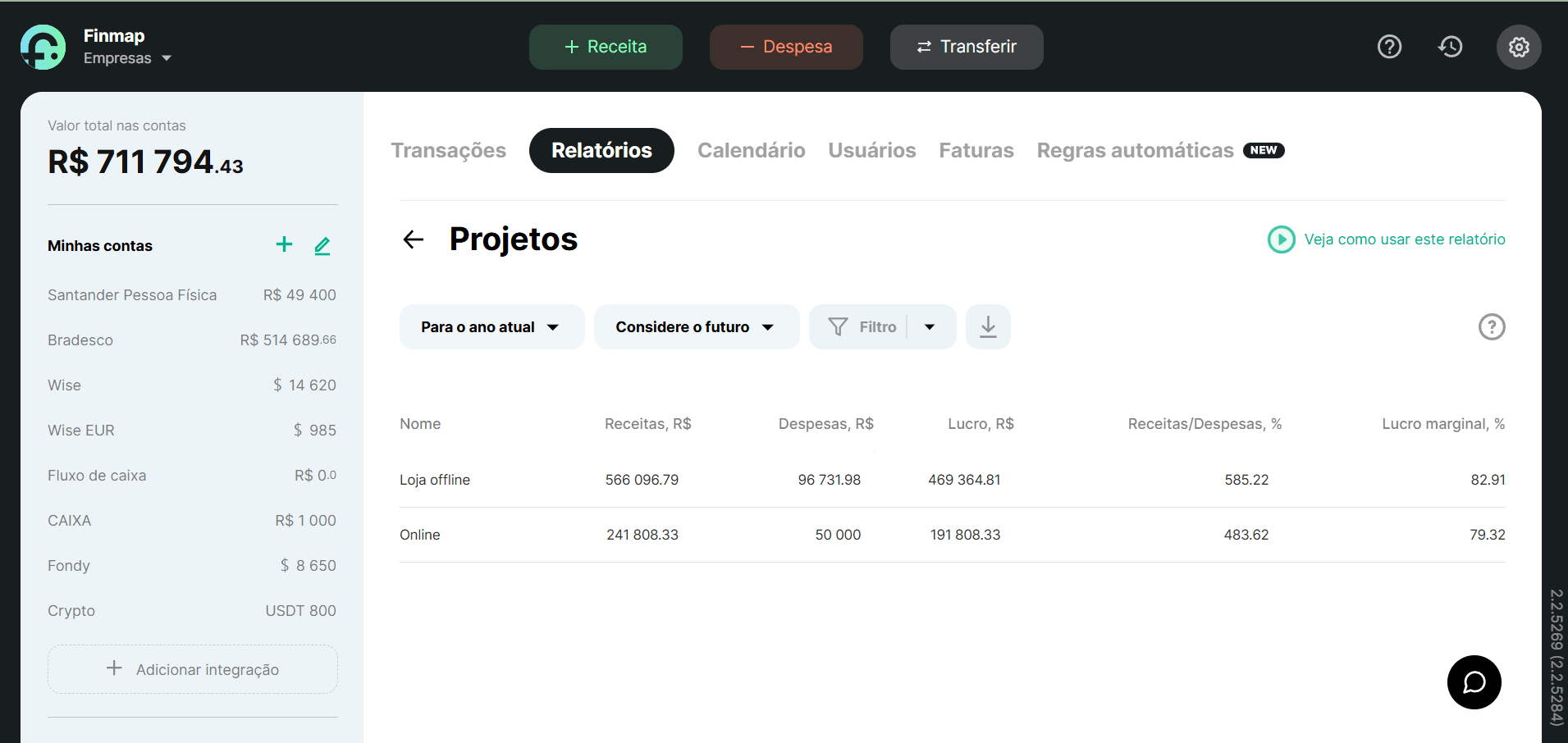 Relatório de Projetos na Finmap