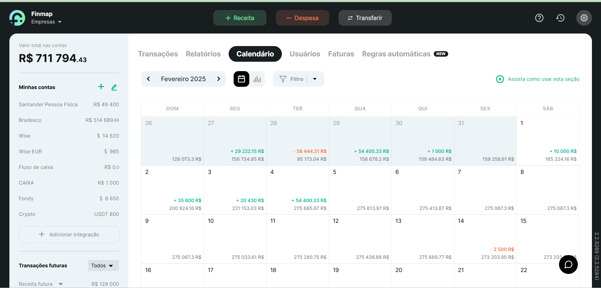 Calendário de pagamentos na Finmap